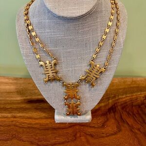 Vintage 1970’s   Castlecliff  Asian Inspired Gold Tone Bib Necklace